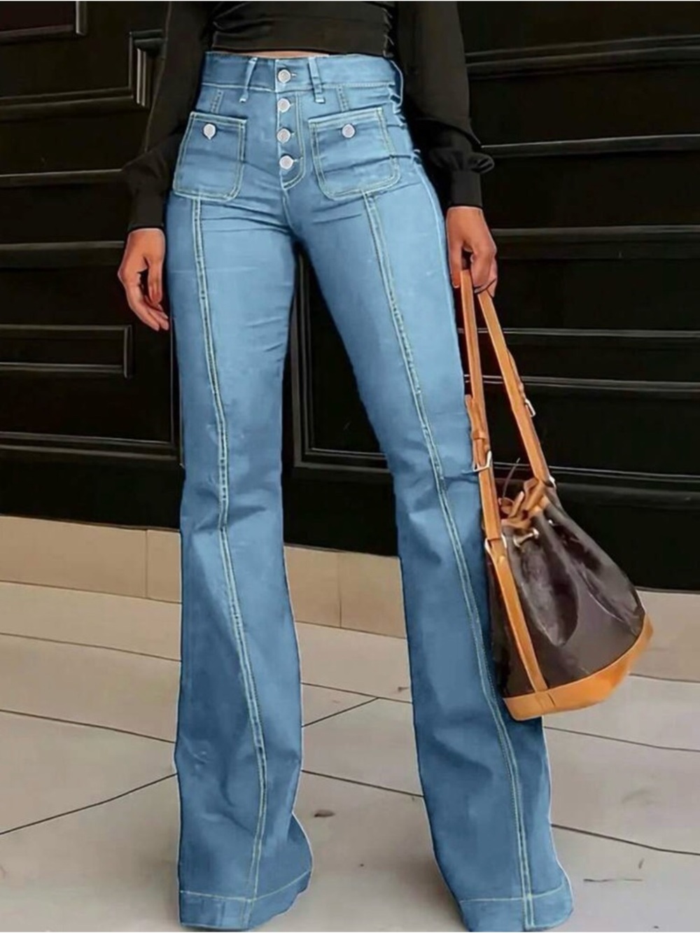 High-Rise Light Blue Flare Jeans with Double Front Pockets